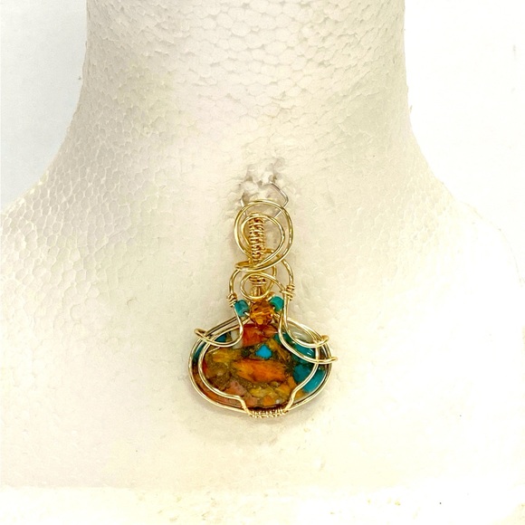 HANDMADE Spiny Oyster Turquoise  Hand Wrapped Gold Plate Statement Pendant - Picture 7 of 10